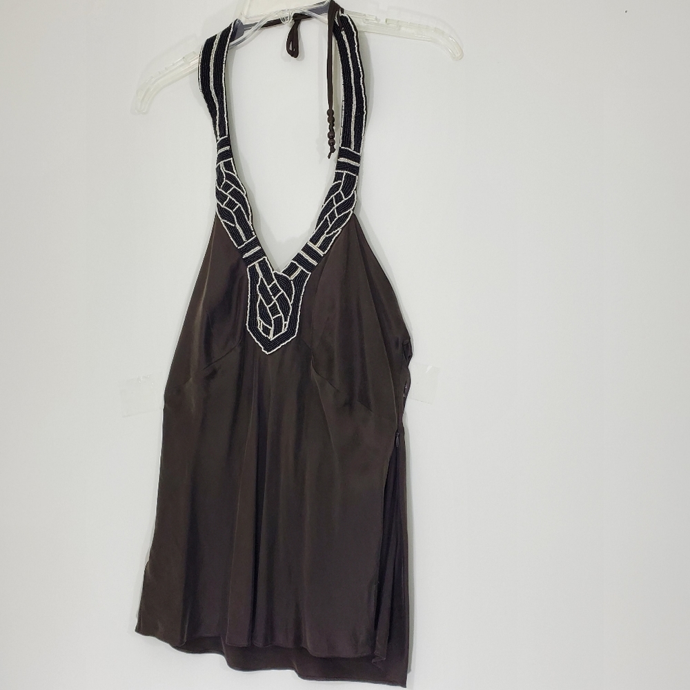 NWT Ann Taylor 100% Silk Brown Beaded Neckline Haltertop Blouse, Size 10